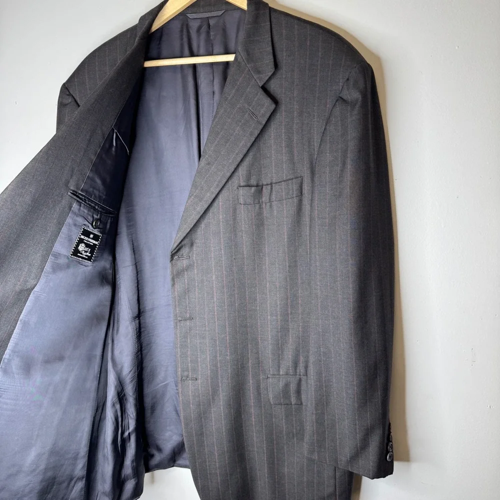 Hickey Freeman Loro Piana Super 120s Wool Pinstripe Blazer 48 Long Charcoal Grey